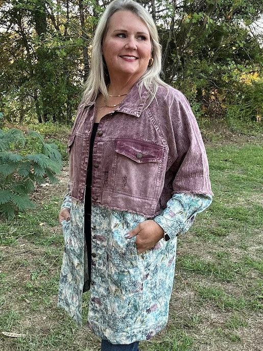 Distressed Lavender Denim & Floral Mixed Print Jacket