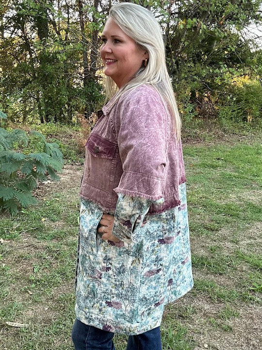 Distressed Lavender Denim & Floral Mixed Print Jacket