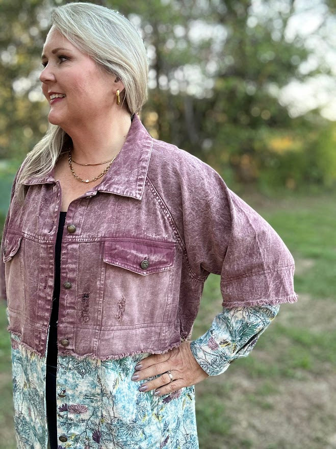 Distressed Lavender Denim & Floral Mixed Print Jacket