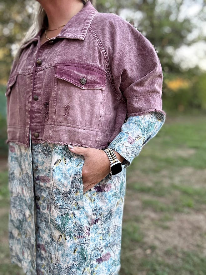 Distressed Lavender Denim & Floral Mixed Print Jacket