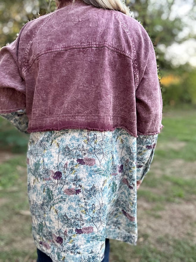 Distressed Lavender Denim & Floral Mixed Print Jacket