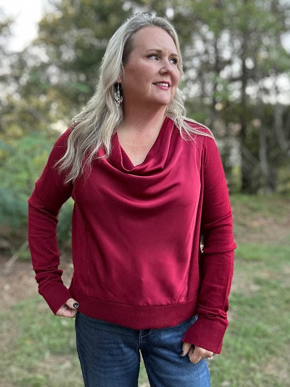 Draped Cowl Neck Mixed Media Sweater