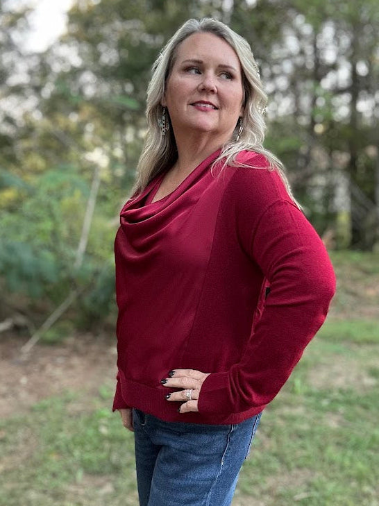 Draped Cowl Neck Mixed Media Sweater