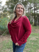 Draped Cowl Neck Mixed Media Sweater