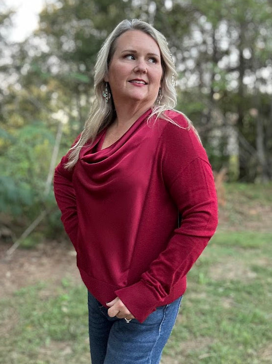 Draped Cowl Neck Mixed Media Sweater