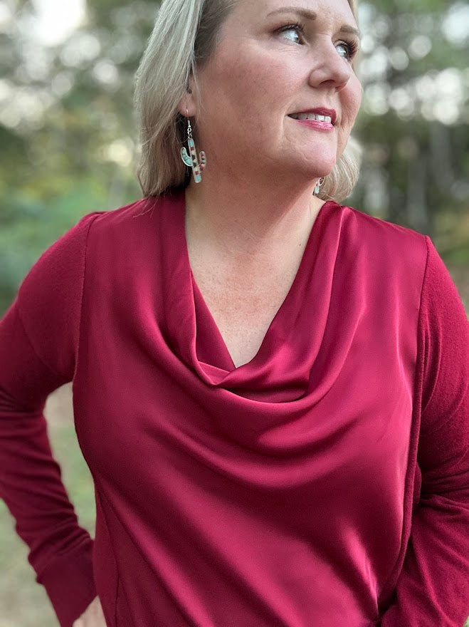 Draped Cowl Neck Mixed Media Sweater