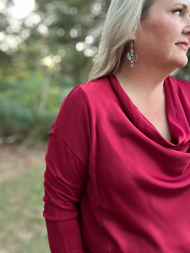 Draped Cowl Neck Mixed Media Sweater