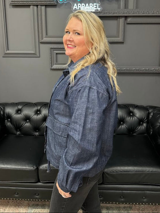 denim drawstring jacket, casual denim jacket, snap button jean jacket, lightweight denim outerwear, cropped denim coat