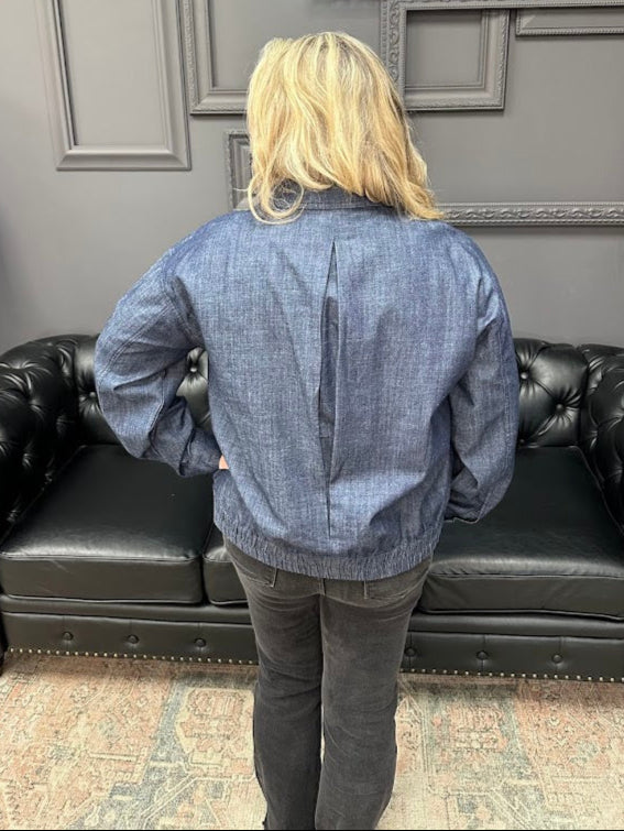 denim drawstring jacket, casual denim jacket, snap button jean jacket, lightweight denim outerwear, cropped denim coat