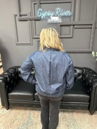 denim drawstring jacket, casual denim jacket, snap button jean jacket, lightweight denim outerwear, cropped denim coat