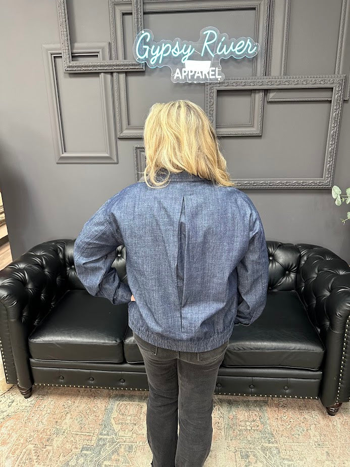 denim drawstring jacket, casual denim jacket, snap button jean jacket, lightweight denim outerwear, cropped denim coat