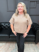 mocha sweater top, drop shoulder knit, relaxed fit sweater, short sleeve sweater, neutral top, boutique knitwear, soft sweater top, casual fall outfit, cozy layering piece, raw edge detail top