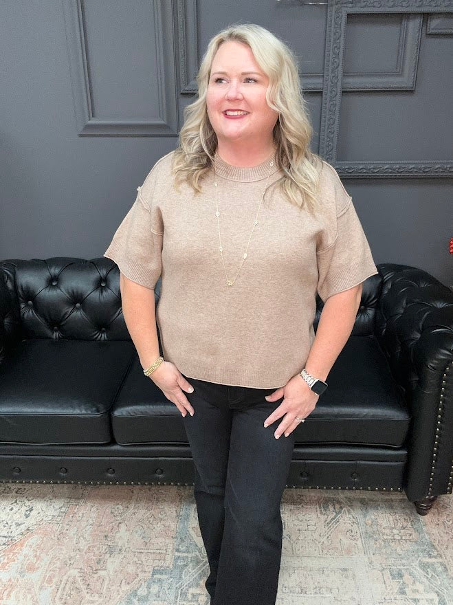 mocha sweater top, drop shoulder knit, relaxed fit sweater, short sleeve sweater, neutral top, boutique knitwear, soft sweater top, casual fall outfit, cozy layering piece, raw edge detail top