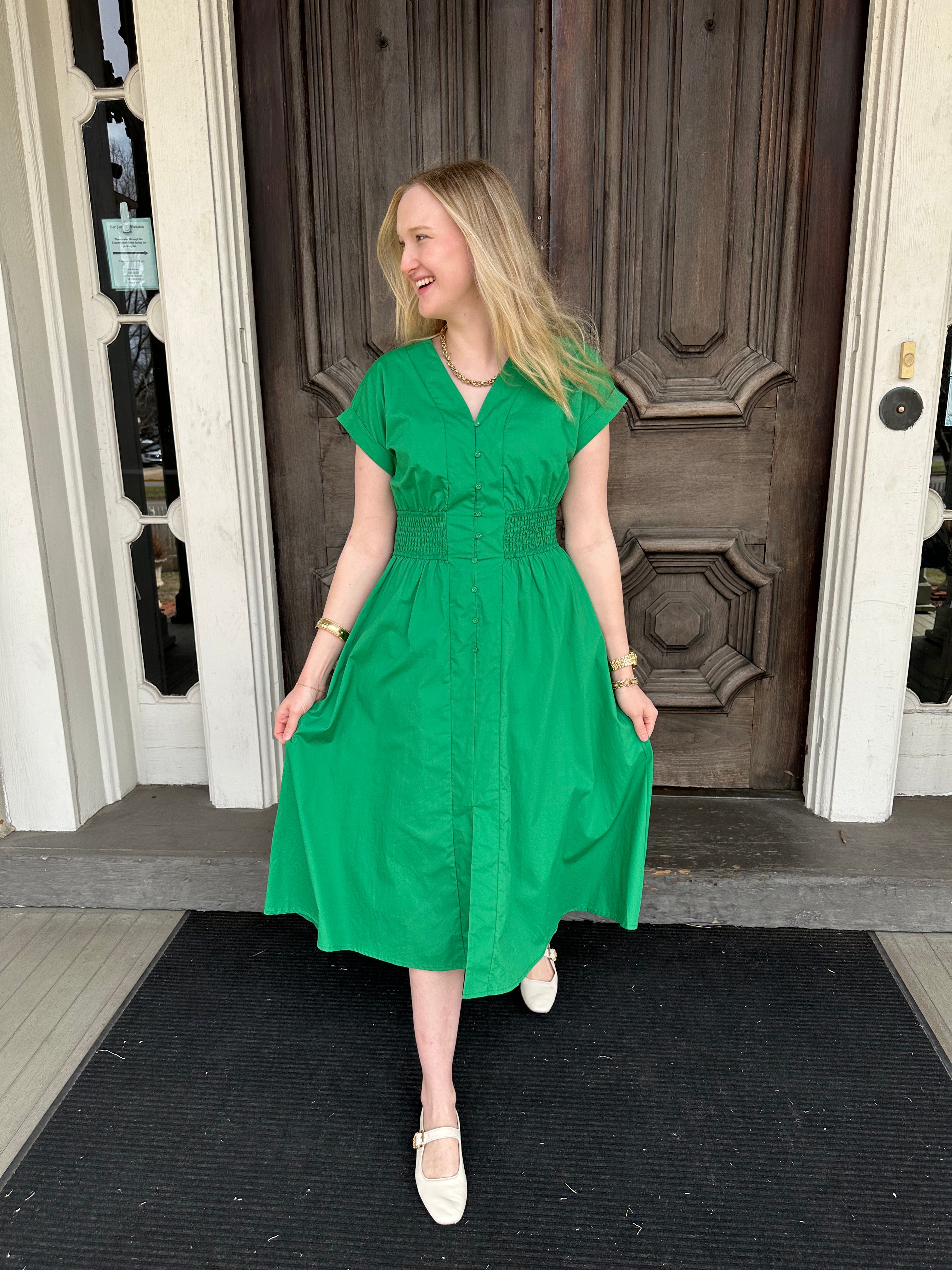 cotton midi dress, smocked waist dress, green midi dress, boutique midi dress, dress with pockets, casual summer dress
