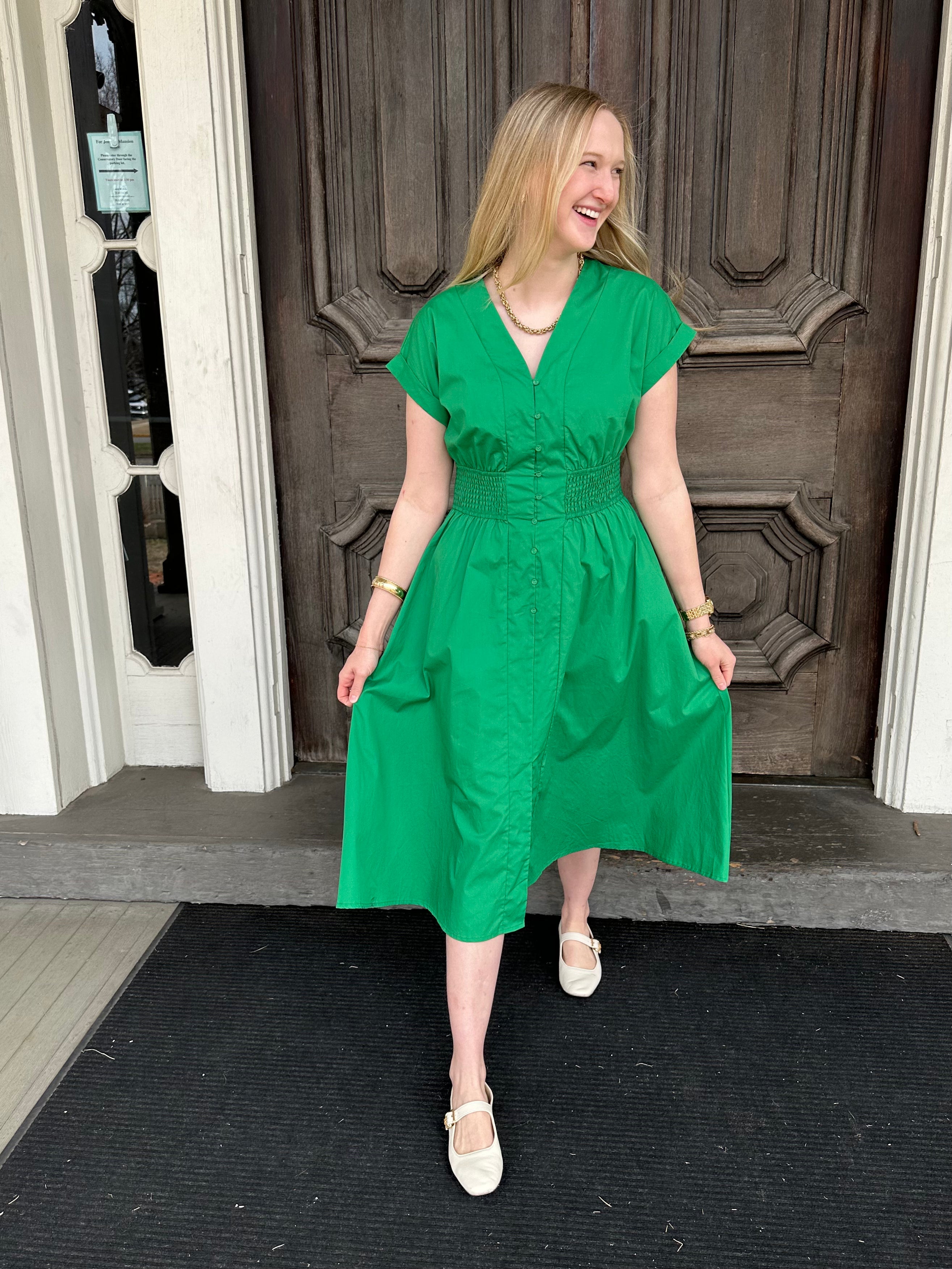 cotton midi dress, smocked waist dress, green midi dress, boutique midi dress, dress with pockets, casual summer dress
