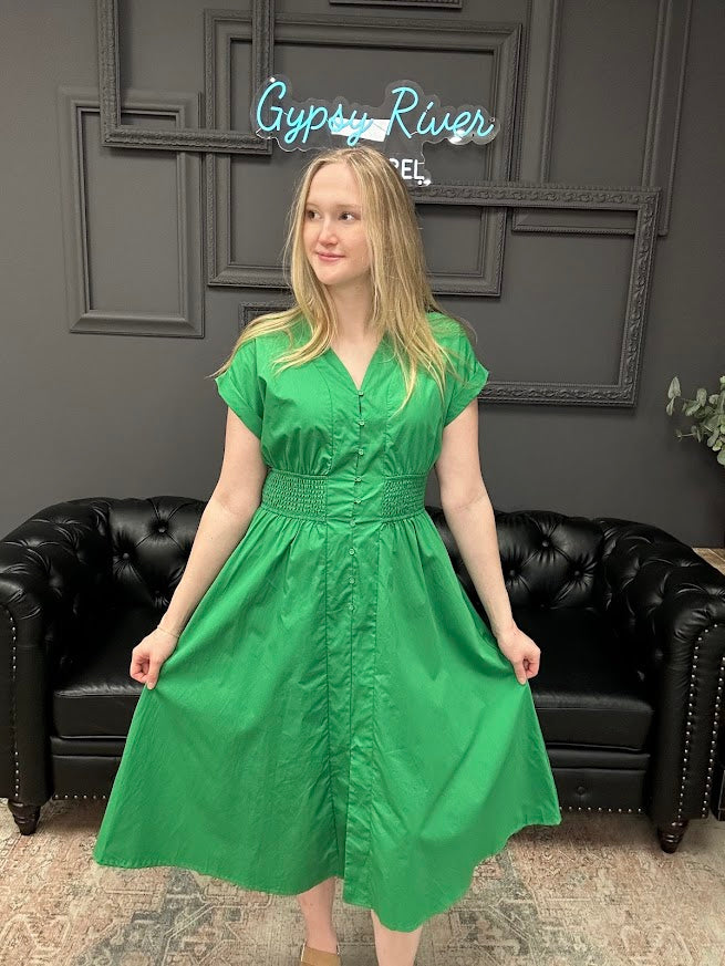 cotton midi dress, smocked waist dress, green midi dress, boutique midi dress, dress with pockets, casual summer dress