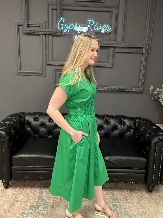 cotton midi dress, smocked waist dress, green midi dress, boutique midi dress, dress with pockets, casual summer dress