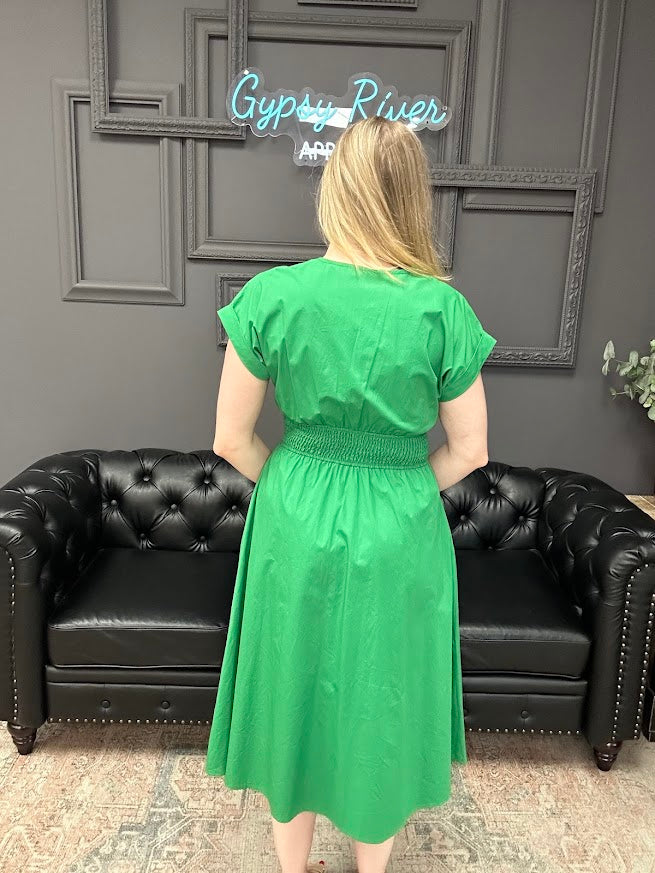 cotton midi dress, smocked waist dress, green midi dress, boutique midi dress, dress with pockets, casual summer dress