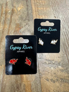 elephant earrings, stud earrings, gold trim earrings, red elephant earrings, white elephant earrings, good luck jewelry
