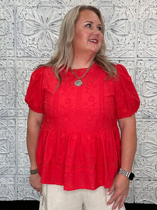 Embroidered 3D Lace Peplum Top with Back Button Closure