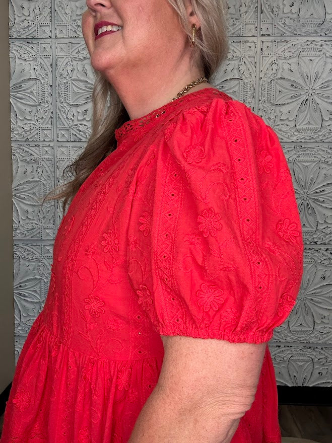 Embroidered 3D Lace Peplum Top with Back Button Closure