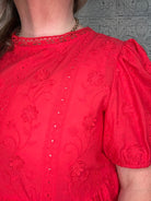 Embroidered 3D Lace Peplum Top with Back Button Closure