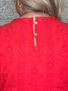 Embroidered 3D Lace Peplum Top with Back Button Closure