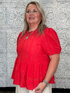 Embroidered 3D Lace Peplum Top with Back Button Closure