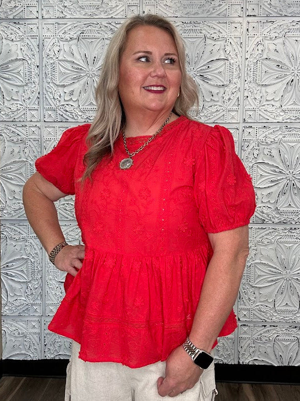 Embroidered 3D Lace Peplum Top with Back Button Closure