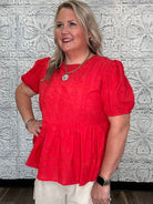 Embroidered 3D Lace Peplum Top with Back Button Closure
