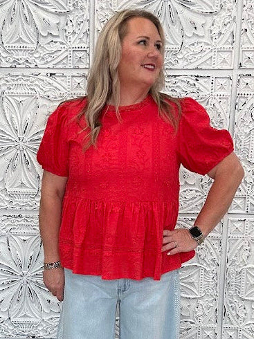 Embroidered 3D Lace Peplum Top with Back Button Closure