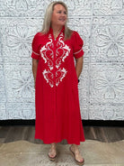 Embroidered Linen Blend Button Front Midi Dress