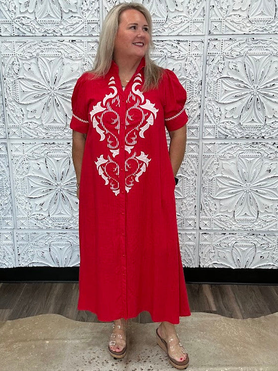 Embroidered Linen Blend Button Front Midi Dress