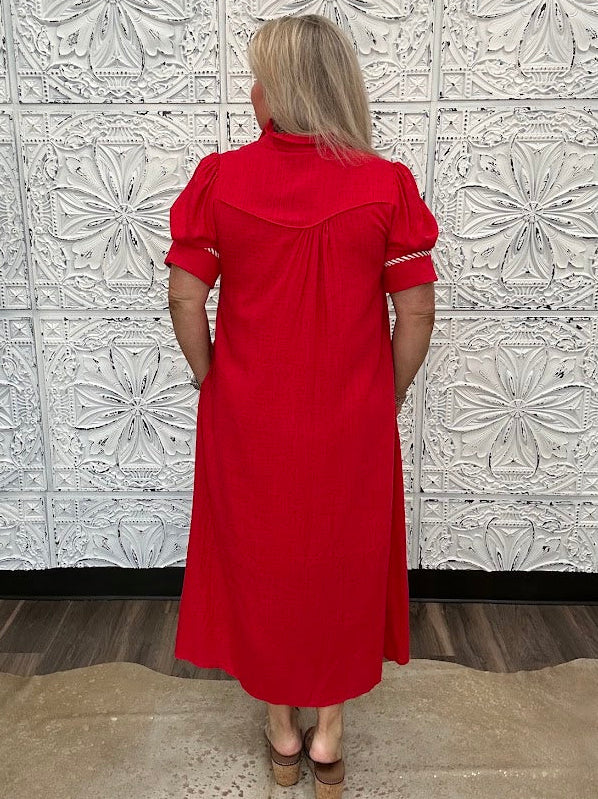 Embroidered Linen Blend Button Front Midi Dress