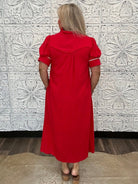 Embroidered Linen Blend Button Front Midi Dress