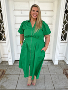 curvy green dress, emerald midi dress, plus size midi dress, zip front dress, dresses with pockets, bubble sleeve dress, modest boutique dress
