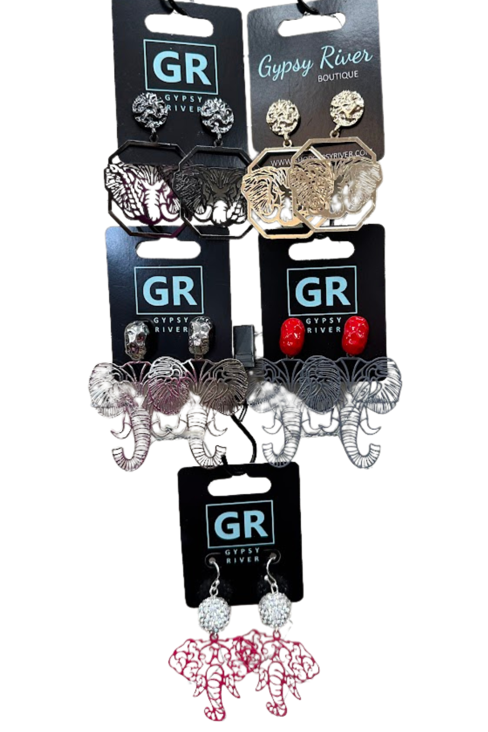 filigree elephant earrings, Alabama earrings, game day jewelry, Roll Tide earrings, lightweight dangle earrings, boutique earrings, southern style jewelry, Gypsy River accessories, statement earrings, silver gold red earrings, Alabama fan gear, elephant jewelry, college game day accessories