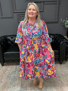 floral peasant dress, boutique floral dress, puff sleeve dress, v notch dress, women’s floral dress, casual midi dress