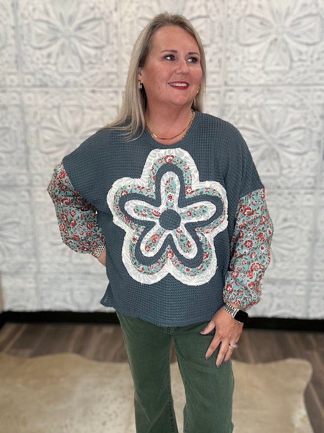 Floral Applique Waffle Knit Top with Contrast Sleeves