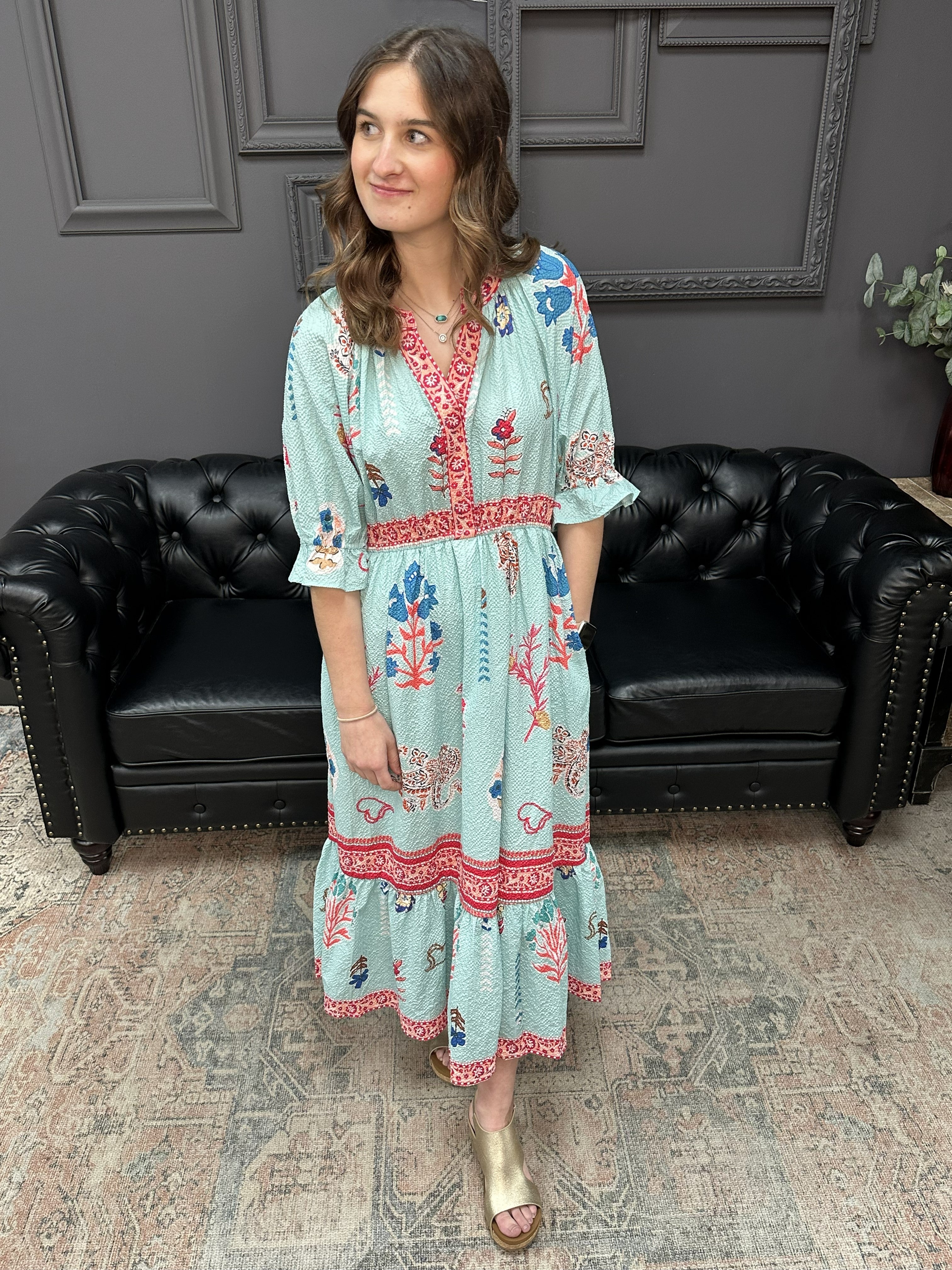 mint floral midi dress, collage print dress, smocked waist floral dress, puff sleeve midi dress, boutique floral dress, colorful summer dress