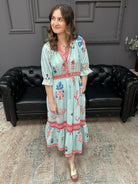 mint floral midi dress, collage print dress, smocked waist floral dress, puff sleeve midi dress, boutique floral dress, colorful summer dress