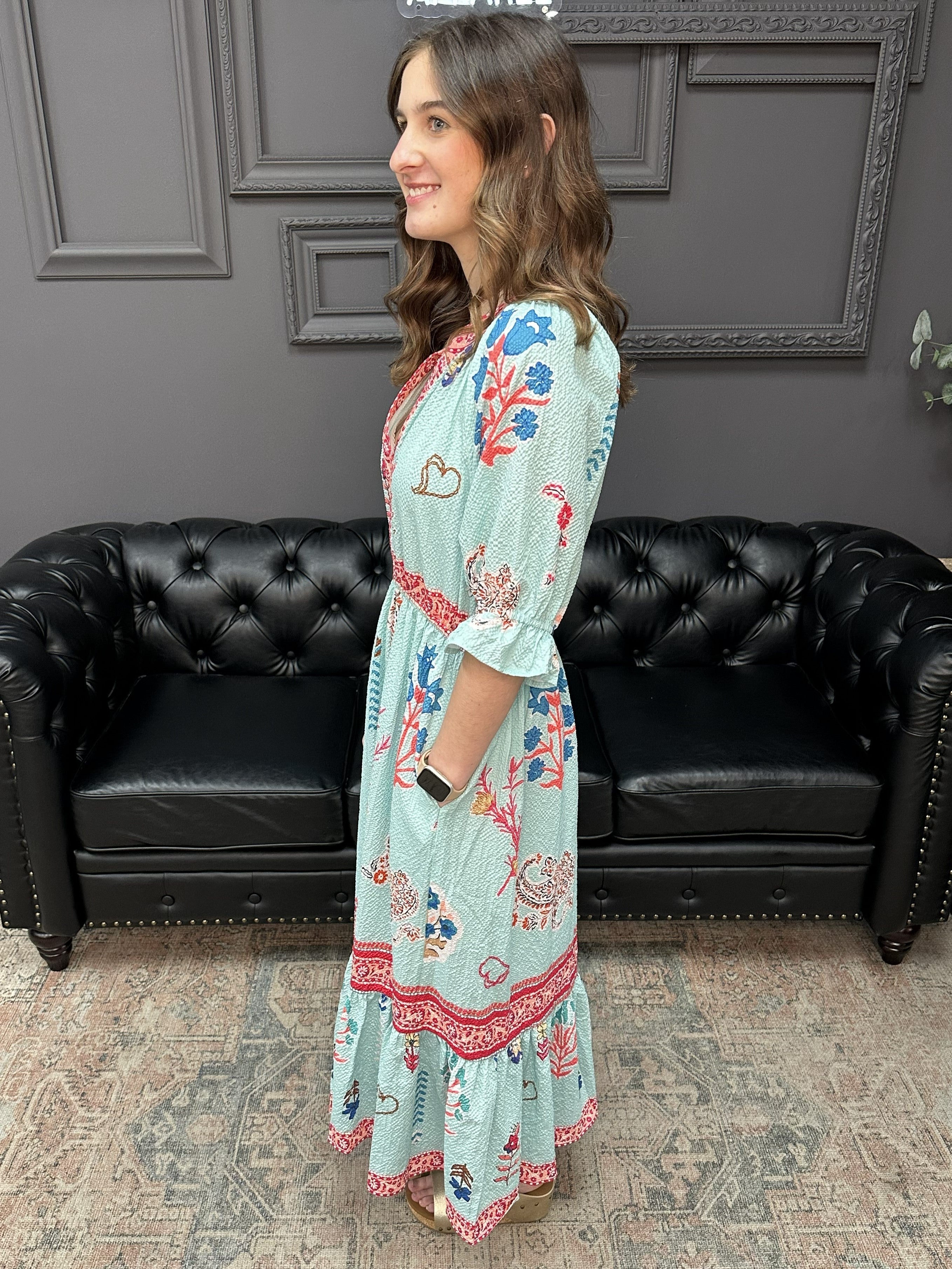 mint floral midi dress, collage print dress, smocked waist floral dress, puff sleeve midi dress, boutique floral dress, colorful summer dress