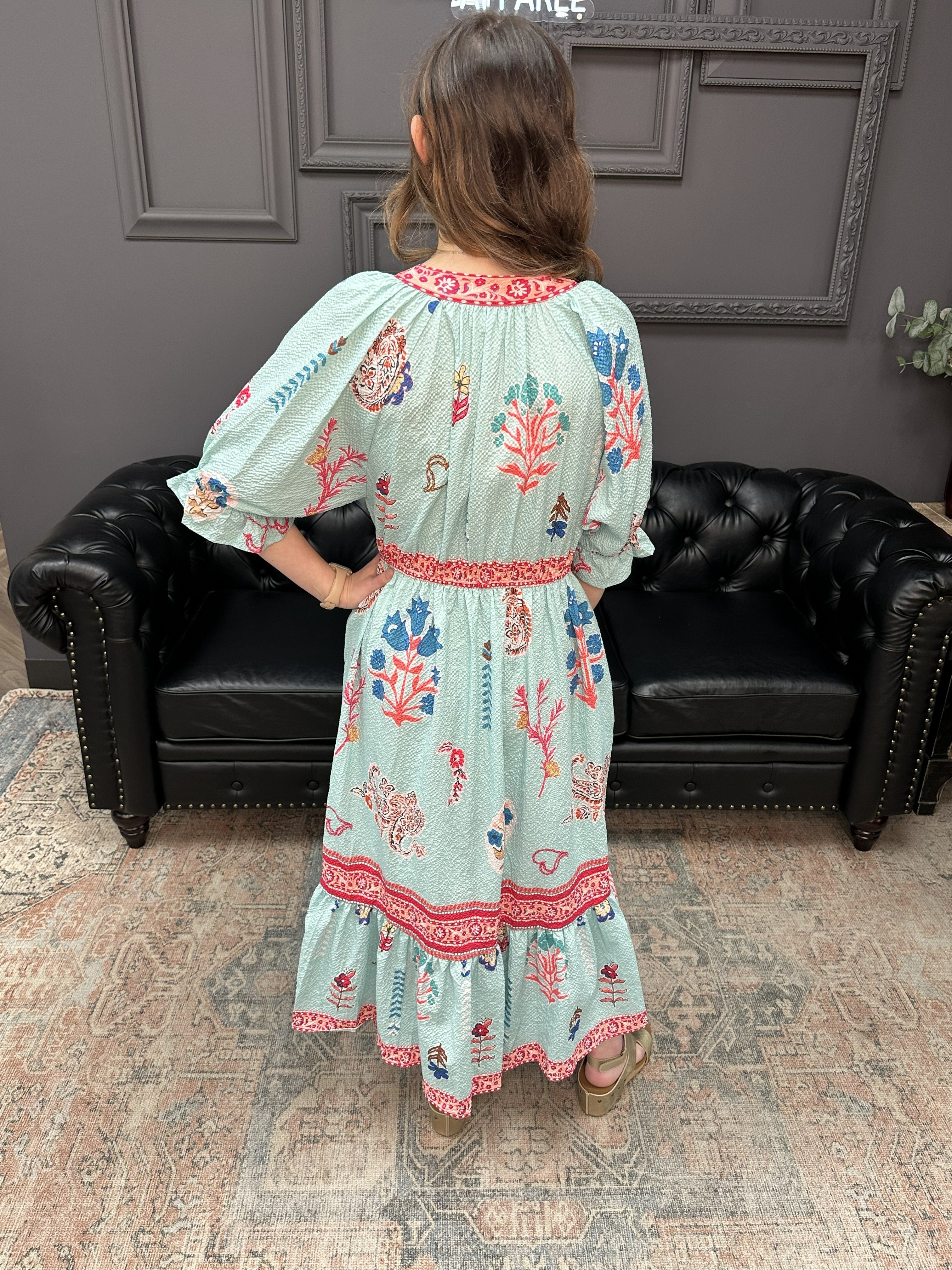 mint floral midi dress, collage print dress, smocked waist floral dress, puff sleeve midi dress, boutique floral dress, colorful summer dress