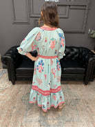 mint floral midi dress, collage print dress, smocked waist floral dress, puff sleeve midi dress, boutique floral dress, colorful summer dress