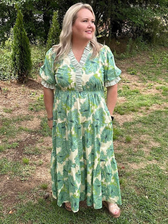 Floral Cotton Tiered Midi Dress with Ruffle Neckline