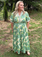Floral Cotton Tiered Midi Dress with Ruffle Neckline
