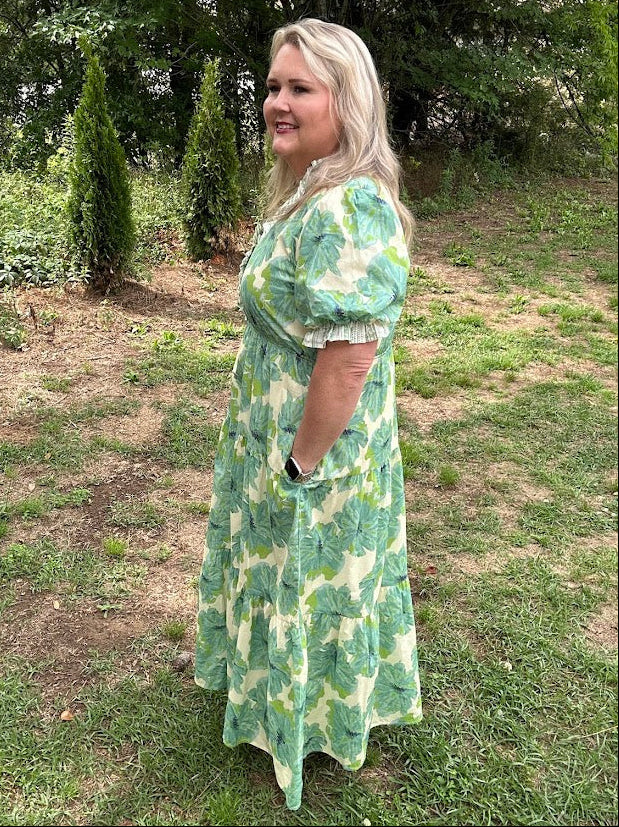 Floral Cotton Tiered Midi Dress with Ruffle Neckline