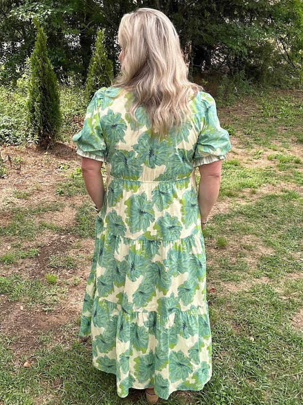Floral Cotton Tiered Midi Dress with Ruffle Neckline
