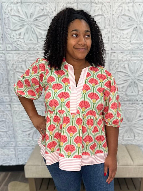 Floral Fan Print Babydoll Top
