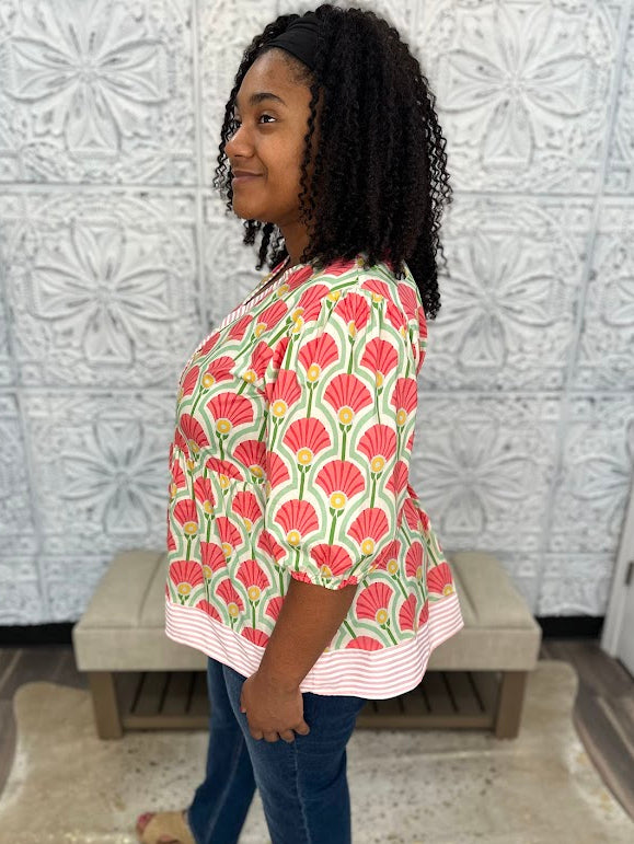 Floral Fan Print Babydoll Top